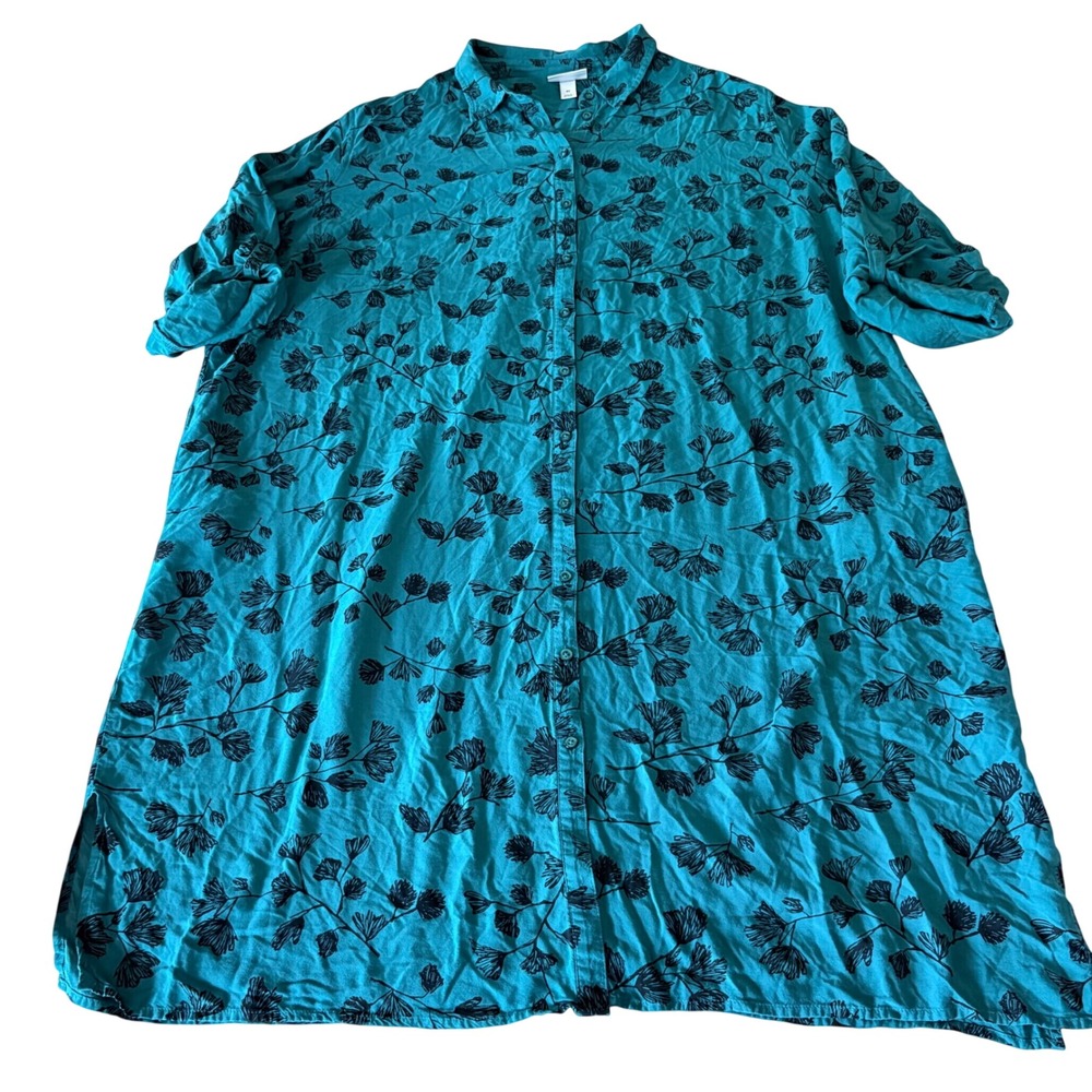Ava & Viv Shirt Dress Women 4X Teal Green Floral Botanical Rayon Button Up
